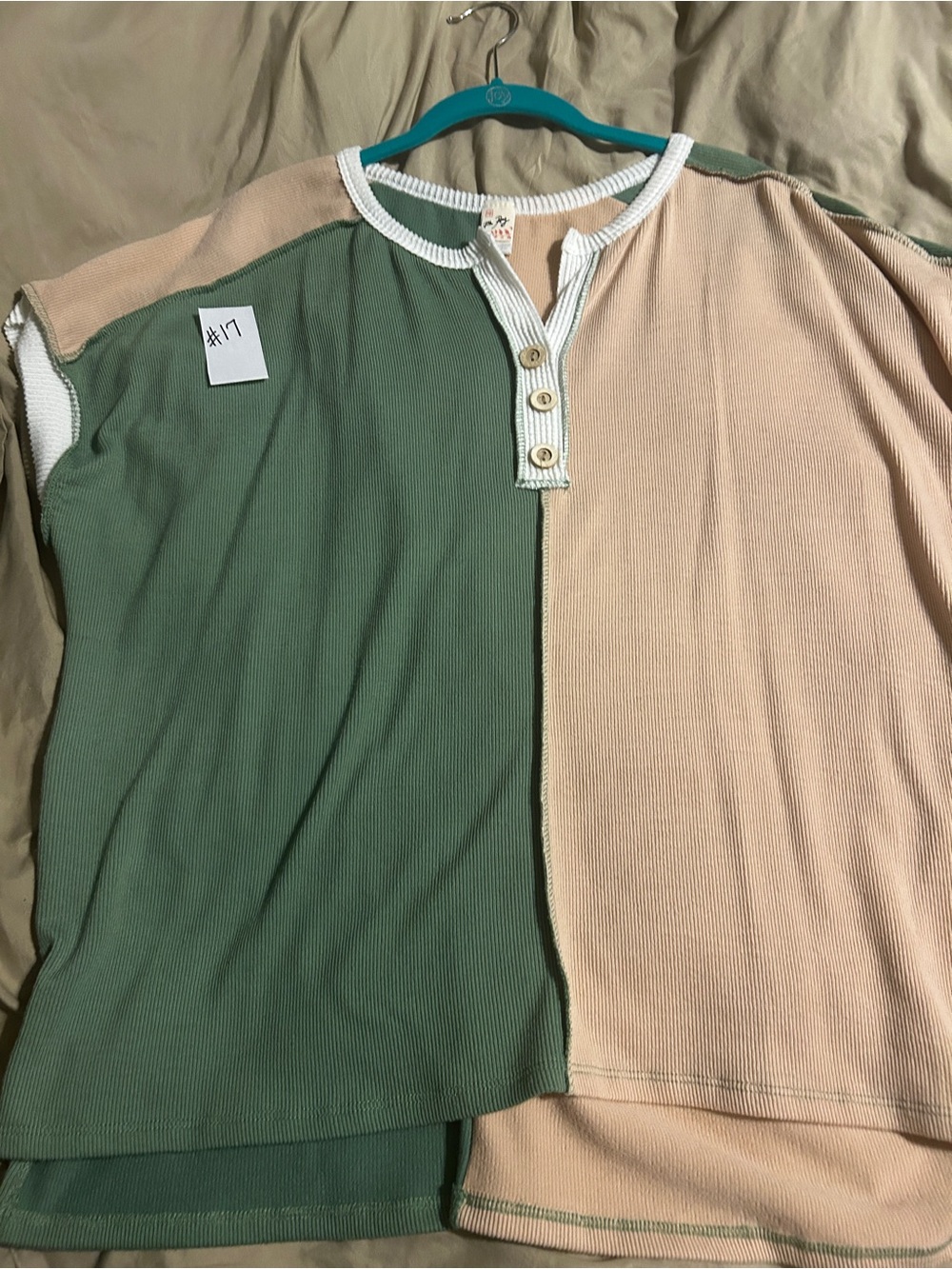 7th Ray Two-Tone Split Henley Top in Sage Green and Beige
